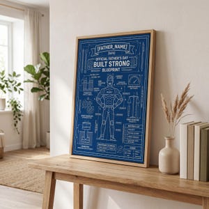 May include: A framed blueprint-style poster with a blue background and white text and illustrations. The text reads "[FATHER_NAME] [DATE] OFFICIAL FATHER'S DAY BUILT STRONG BLUEPRINT." The poster features a male figure and various diagrams.