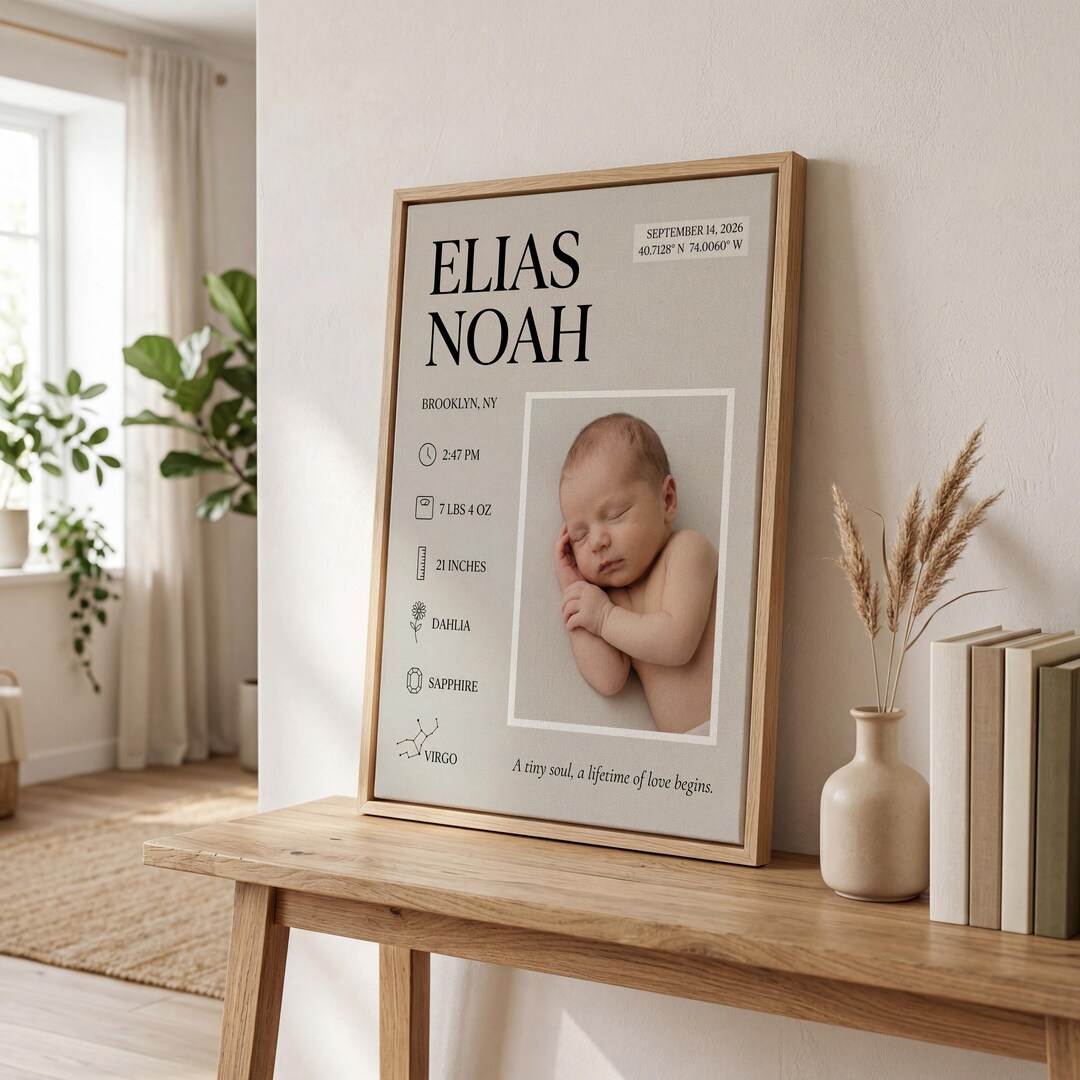 Personalized Newborn Birth Canvas, Custom Baby Photo Wall Art, Name and ...