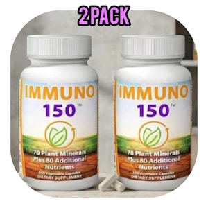 May include: Two white supplement bottles labeled "IMMUNO 150" with a green and yellow label. The label includes text about plant minerals and nutrients. The bottles are packaged together and labeled "2 PACK".