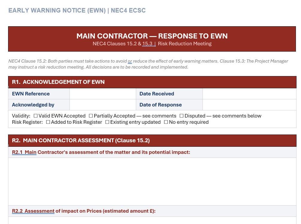 NEC4 Subcontractor Early Warning Notification Template - Etsy