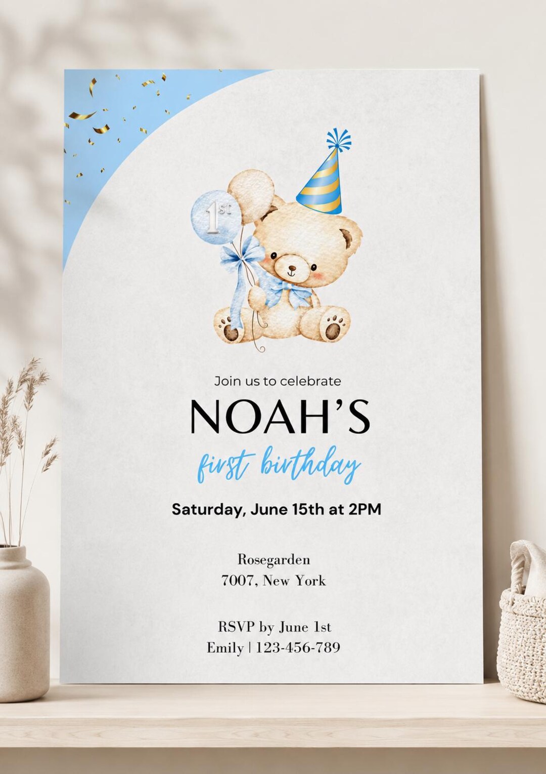 Editable Teddy Bear First Birthday Invitation Template Blue Boy Canva ...