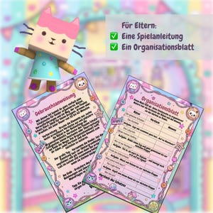 May include: A colorful children's game set featuring a papercraft cat figure and two instruction cards. The cards have a pastel design with text in German, including instructions for a treasure hunt game. The set is designed for indoor or outdoor play.