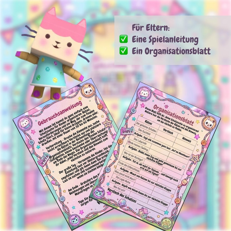 May include: A colorful children's game set featuring a papercraft cat figure and two instruction cards. The cards have a pastel design with text in German, including instructions for a treasure hunt game. The set is designed for indoor or outdoor play.