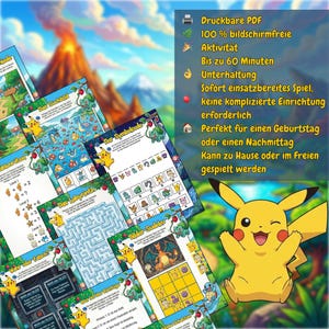 May include: A collection of printable activity sheets featuring Pikachu and other Pok&eacute;mon characters. The sheets include mazes, Sudoku, and other puzzles. The image also includes text in German, with a yellow Pikachu character in the corner.