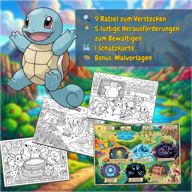 May include: A colorful image featuring a cartoon Squirtle character and several coloring pages. The pages depict various scenes with other cartoon characters. Text on the image includes "9 puzzles to hide", "5 fun challenges to overcome", and "1 treasure map".