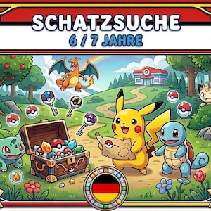 May include: Colorful illustration featuring Pikachu, Squirtle, and Bulbasaur in a landscape with a treasure chest, keys, and Pokeballs. The image has text that reads "SCHATZSUCHE 6/7 JAHRE". A rainbow and Charizard are also visible.