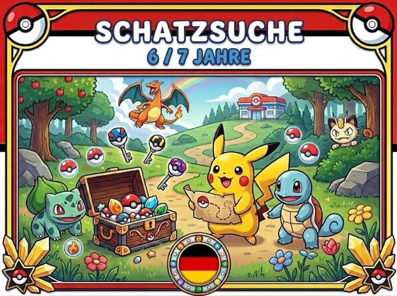 Pokemon Schatzsuche Schnitzeljagd - Spiel ausdrucken - Kindergeburtstag Aktivität 6 bis 7 Jahre - Rätsel Kinder