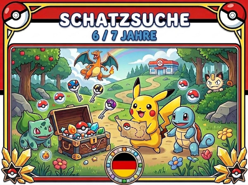 May include: Colorful illustration featuring Pikachu, Squirtle, and Bulbasaur in a landscape with a treasure chest, keys, and Pokeballs. The image has text that reads "SCHATZSUCHE 6/7 JAHRE". A rainbow and Charizard are also visible.