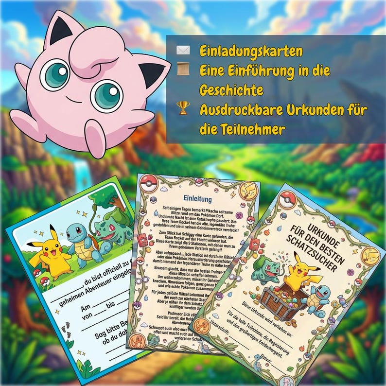 May include: A set of colorful invitation cards featuring cartoon characters, including Pikachu, Squirtle, and Bulbasaur. The cards have text in German, with a pink character in the background. The set includes certificates.