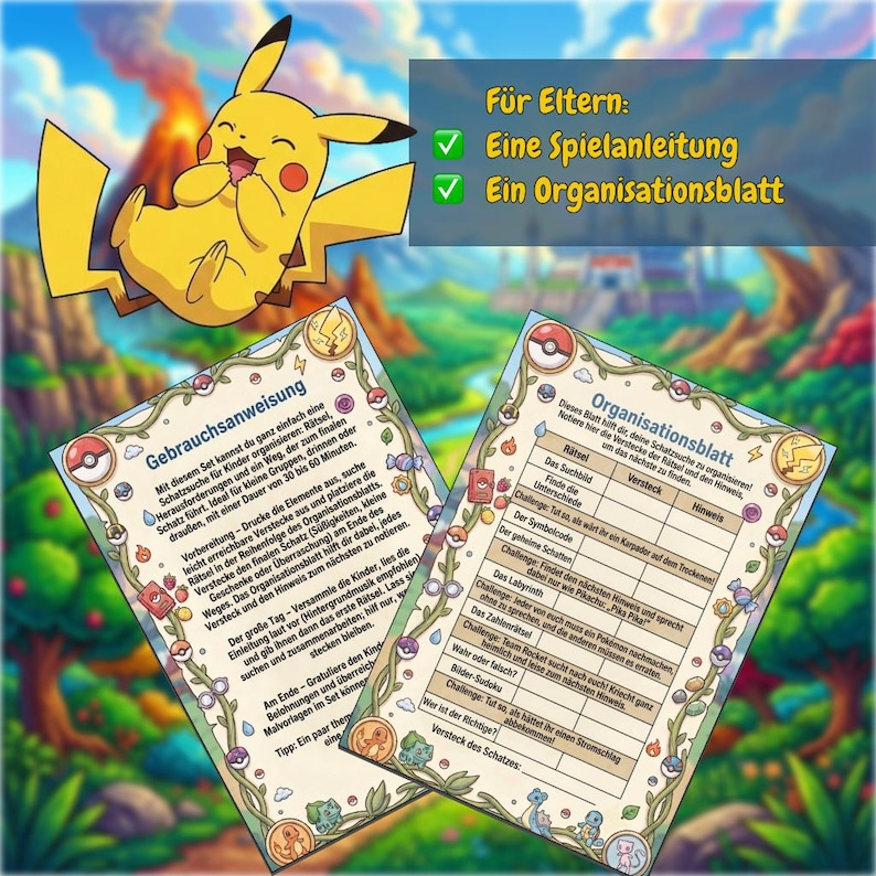 May include: Two game cards with instructions and a treasure hunt guide, featuring a Pikachu illustration. The cards are designed for children's treasure hunts, with puzzles and challenges. The text includes instructions and a list of challenges.