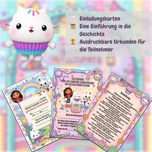 May include: A Gabby's Dollhouse-themed party set featuring a white cat-shaped cupcake toy with rainbow frosting and three invitation cards. The cards have colorful illustrations and German text, including "Urkunde" and "Einladung".