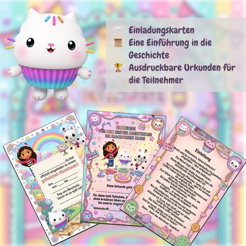 May include: A Gabby's Dollhouse-themed party set featuring a white cat-shaped cupcake toy with rainbow frosting and three invitation cards. The cards have colorful illustrations and German text, including "Urkunde" and "Einladung".