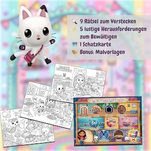 May include: A Gabby's Dollhouse playset featuring a white cat character with black accents, a pink bag, and coloring pages. The set includes a treasure map and the text "9 Riddles to Hide", "5 Fun Challenges to Overcome", and "Bonus: Coloring Pages".