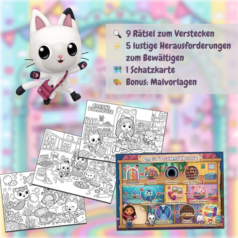 May include: A Gabby's Dollhouse playset featuring a white cat character with black accents, a pink bag, and coloring pages. The set includes a treasure map and the text "9 Riddles to Hide", "5 Fun Challenges to Overcome", and "Bonus: Coloring Pages".