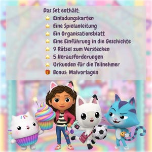 May include: A colorful image featuring characters from a children's animated series. The image includes a girl with a cat-ear headband, holding a cupcake, and three animated cat characters. Text at the top lists items included in a set, such as invitation cards and a game guide.