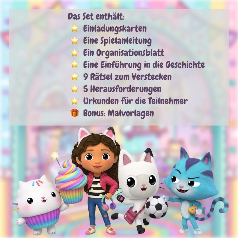 May include: A colorful image featuring characters from a children's animated series. The image includes a girl with a cat-ear headband, holding a cupcake, and three animated cat characters. Text at the top lists items included in a set, such as invitation cards and a game guide.
