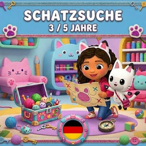 May include: A colorful illustration with the text "SCHATZSUCHE 3/5 JAHRE". A girl with a map and a cat character are in a room with cat-shaped furniture and a treasure chest filled with yarn and toys. The image has a playful, cartoonish style.