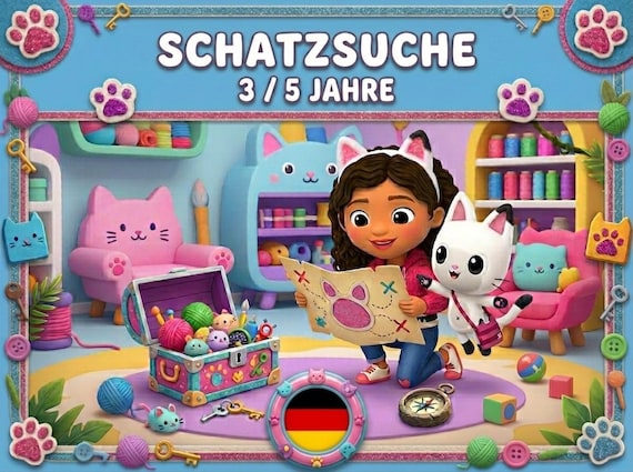 Gabby's Dollhouse Schatzsuche Schnitzeljagd - Spiel ausdrucken - Kindergeburtstag Aktivität 3 4 5 Jahre - Rätsel Kinder