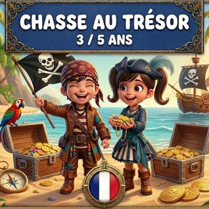 May include: Illustration of two children dressed as pirates on a beach, with treasure chests filled with gold coins. A parrot, compass, and pirate ship are also visible. The image includes the text "CHASSE AU TRÉSOR 3/5 ANS".