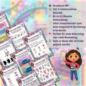 May include: A collection of printable PDF activity sheets featuring puzzles and games. The sheets include mazes, matching games, and seek-and-find activities. The image also shows a cartoon character with a pink jacket, blue jeans, and cat ears.