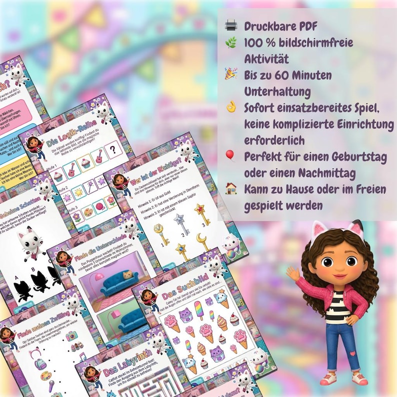 May include: A collection of printable PDF activity sheets featuring puzzles and games. The sheets include mazes, matching games, and seek-and-find activities. The image also shows a cartoon character with a pink jacket, blue jeans, and cat ears.