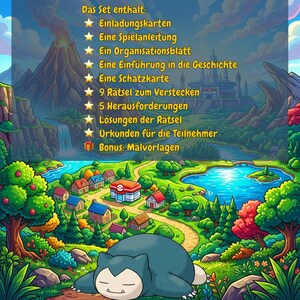 May include: A colorful illustration of a game set, featuring a landscape with a town, lake, and mountains. The image includes text in German listing the set's contents, such as invitation cards, a game guide, and a treasure map. A large, sleeping blue creature is in the foreground.