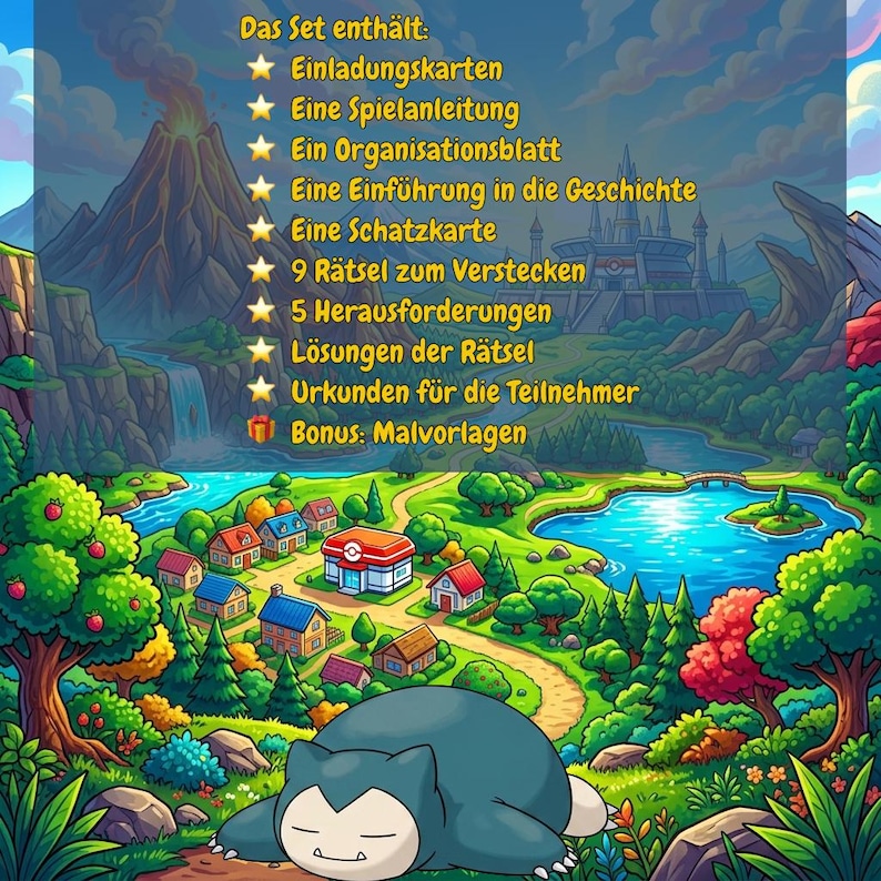 May include: A colorful illustration of a game set, featuring a landscape with a town, lake, and mountains. The image includes text in German listing the set's contents, such as invitation cards, a game guide, and a treasure map. A large, sleeping blue creature is in the foreground.