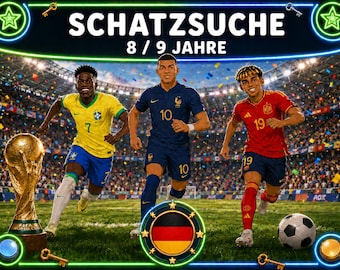 Fußball-Weltmeisterschaft Schatzsuche Schnitzeljagd - Spiel ausdrucken - Kindergeburtstag Aktivität 8 bis 9 Jahre - Rätsel Kinder