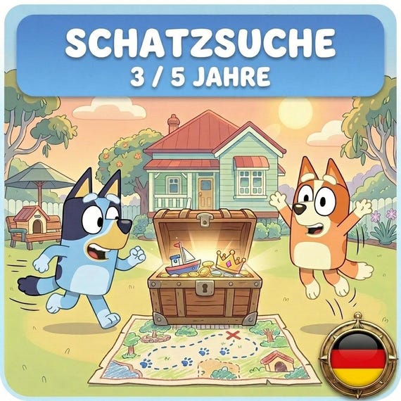 Bluey Schatzsuche Schnitzeljagd - Spiel ausdrucken - Kindergeburtstag Aktivität 3 4 5 Jahre - Rätsel Kinder