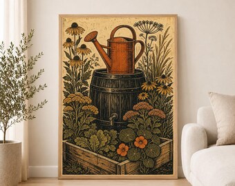 Watering Can Garden Poster, Rustic Botanical Illustration, Folk Style Linocut Print