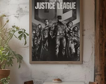 Póster enrollado de la Liga de la Justicia, película de superhéroes en blanco y negro.