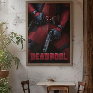 Puede incluir: P&oacute;ster enmarcado con Deadpool en un traje rojo y negro, sosteniendo una pistola. El p&oacute;ster tiene la palabra "DEADPOOL" en letras rojas. La imagen se muestra en un caf&eacute; con sillas de madera y una mesa peque&ntilde;a.