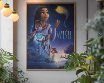 Locandina del film Wish arrotolata / Personaggio animato fantasy cielo notturno
