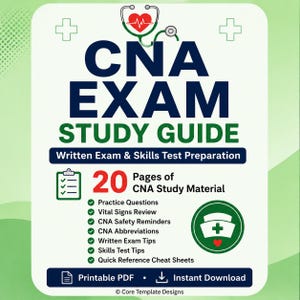 Puede incluir: Una guía de estudio digital para el examen CNA con un estetoscopio e icono de corazón, el texto CNA EXAM STUDY GUIDE, Written Exam & Skills Test Preparation, 20 Pages of CNA Study Material, una lista de temas, un icono de cofia y Printable PDF.