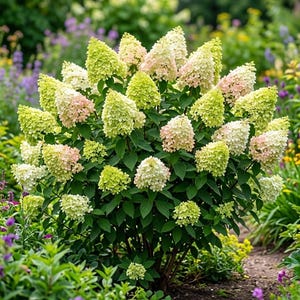 May include: A hydrangea paniculata shrub featuring numerous cone-shaped flower clusters in shades of lime green, creamy white, and soft blush pink, set against dark green foliage with serrated leaves, creating a dense and rounded plant structure.