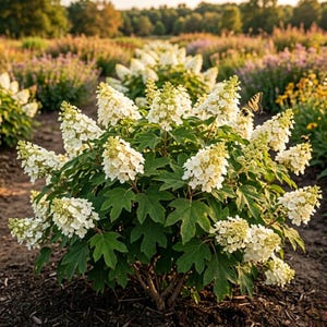 May include: A Hydrangea quercifolia shrub featuring large, conical clusters of white flowers and distinctively lobed, deep green leaves. A yellow and black swallowtail butterfly is perched on one of the flower heads in a garden setting.