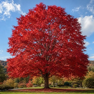 May include: A large, mature maple tree with a dense canopy of vibrant, bright red autumn leaves. The tree has a thick, textured brown trunk and stands in a grassy area with scattered fallen red leaves beneath it against a blue sky.
