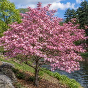 May include: A vibrant pink flowering dogwood tree in full bloom. The tree is situated on a grassy bank next to a body of water, with a backdrop of green trees and a blue sky with clouds. The tree's branches are laden with pink blossoms.