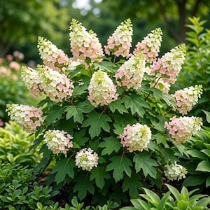 May include: A hydrangea paniculata shrub featuring numerous conical flower clusters that transition from creamy white to soft pink. The plant has lush, deep green, lobed leaves arranged in a dense, rounded growth habit in a garden setting.