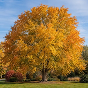 May include: A large deciduous tree with a dense canopy of vibrant yellow and orange autumn leaves. The tree has a thick, textured brown trunk and branches that spread wide against a clear blue sky with faint wisps of white clouds.