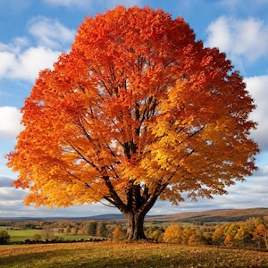 May include: A large, mature deciduous tree with a dense, rounded canopy of vibrant orange, red, and yellow autumn foliage. The tree stands prominently in a field with a thick trunk and visible branches against a blue sky with white clouds.