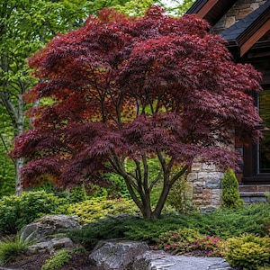 May include: A Japanese maple tree with deep burgundy, lace-like foliage and a dense, rounded canopy. The tree features multiple woody trunks and is situated in a garden setting with large grey rocks and various green shrubs at its base.