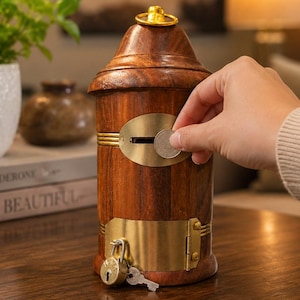 May include: A cylindrical wooden coin bank with a dark brown finish, featuring a brass coin slot plate, a brass access door at the base secured by a small padlock with a key, and a circular brass handle on the top lid of the container.