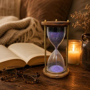 May include: An hourglass with dark wood circular top and bottom plates, connected by four thin brass-coloured metal rods. The glass bulb contains fine purple sand, with a portion currently flowing from the top chamber into the bottom chamber.