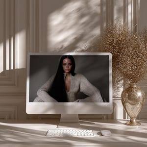 May include: A modern computer setup featuring a white monitor displaying a woman in a beige sweater. A wireless keyboard and mouse sit on the desk. A decorative vase with dried flowers is to the right.