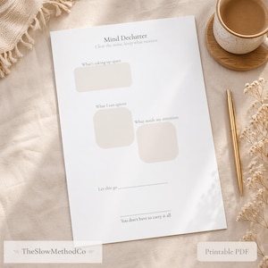 May include: A printable PDF worksheet titled "Mind Declutter" with prompts to clear the mind. The worksheet includes sections for "What's taking up space," "What I can ignore," and "What needs my attention." A gold pen and a cup of coffee are also in the image.