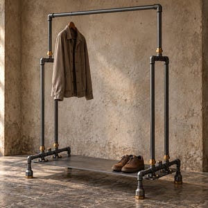 Könnte beinhalten: Ein freistehender industrieller Kleiderständer aus dunkelgrauen Metallrohren mit messingfarbenen Verbindungsstücken. Der Ständer verfügt über eine horizontale Kleiderstange, eine flache Metallablage und ein Paar braune Schuhe auf der unteren Ablage.