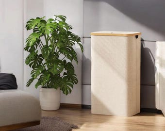 100L Laundry Basket with Lid, Large Foldable Laundry Hamper with Removable Bag, Bamboo Handle Clothes Basket, Beige Laundry Organizer
