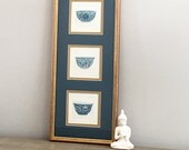 Chinese Drawing Blue White Porcelain Bowls Three Panels Artist Signed Chinoiserie Decor