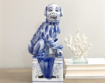 Large Vintage Foo Dog Statue Blue White Chinese Foo Dog Shi Statue Chinoiserie Chic Decor